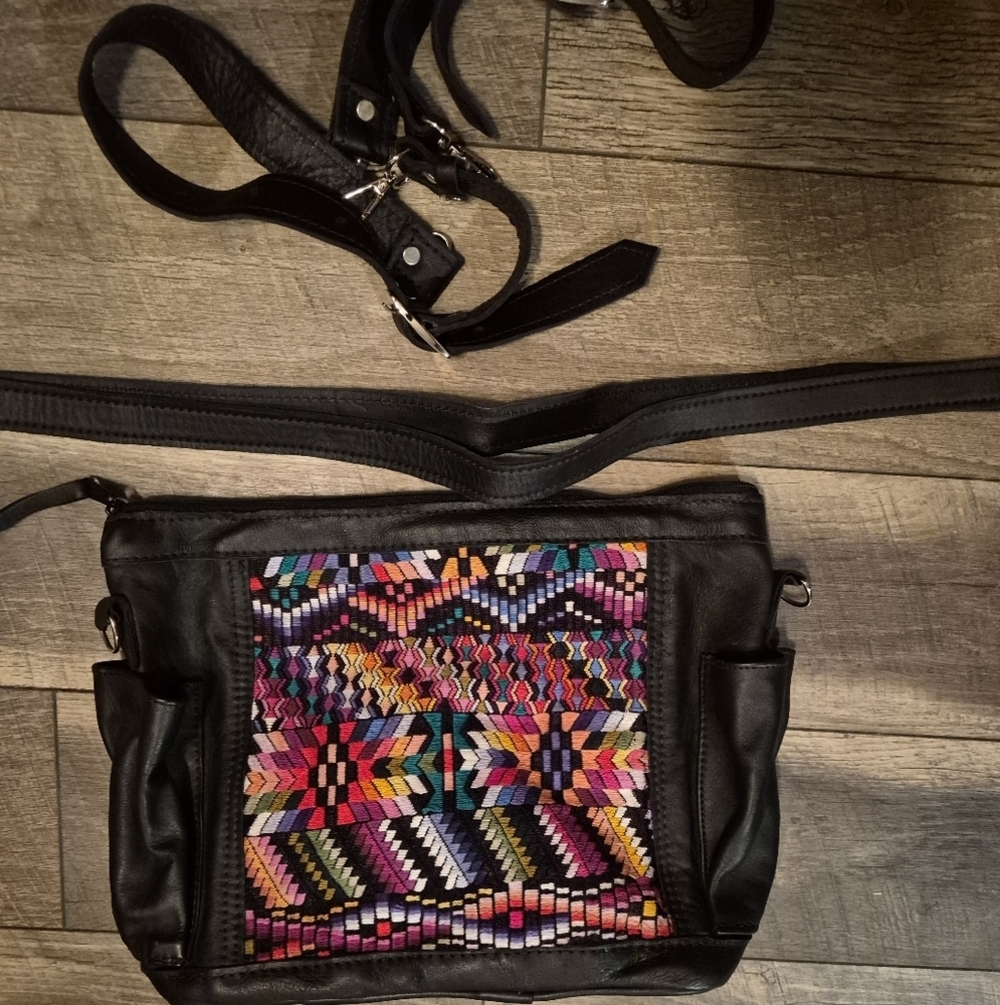 Colorful Patterned Black Leather Women's Bag